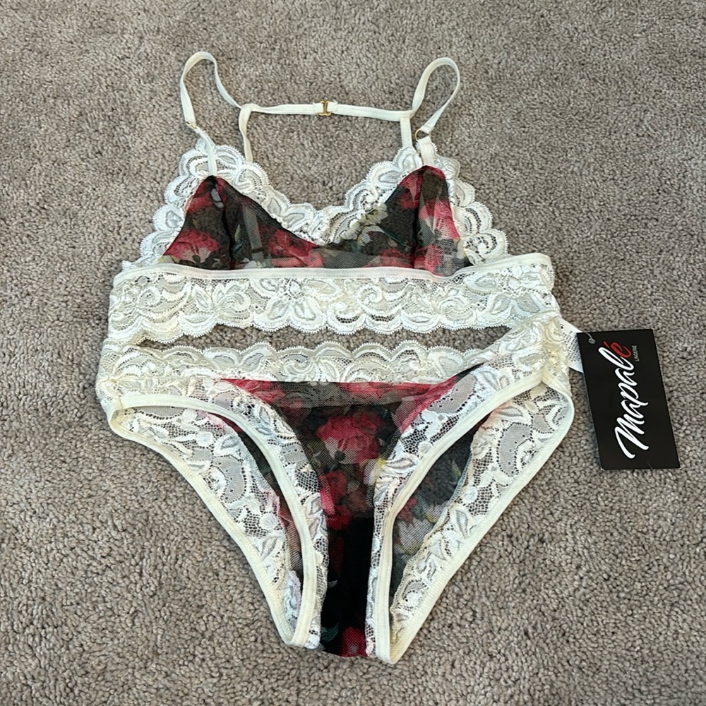 Magande Cream Lace Bralette & Brief Set with Red Floral Mesh